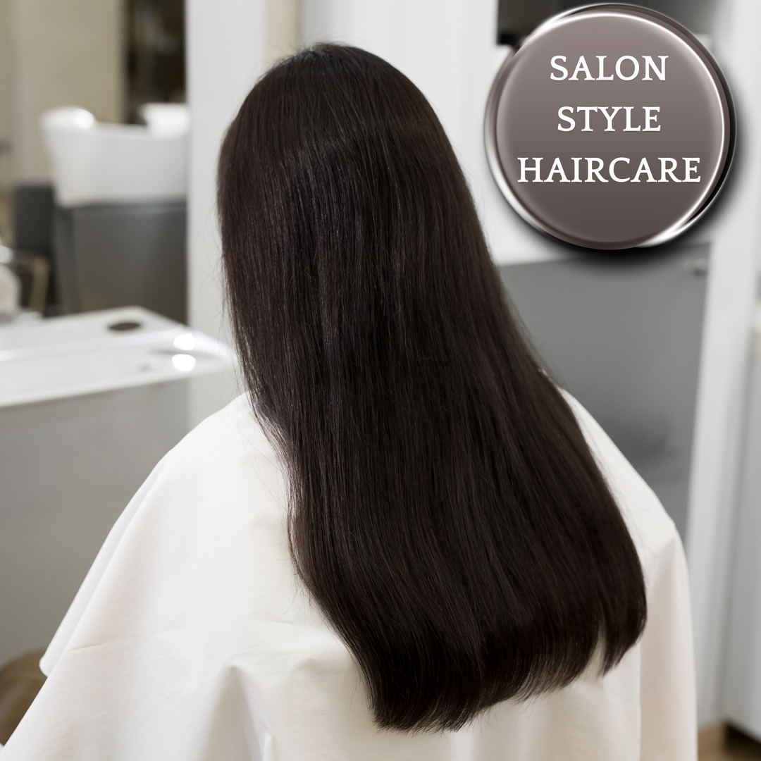Woman with long, straight dark hair in a salon chair, with the text "Salon Style Haircare" overlaid.