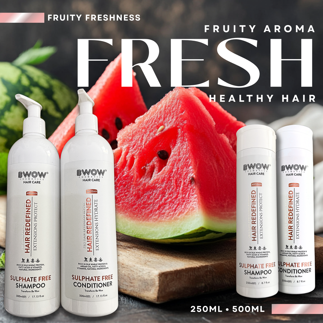 Four Bwow Hair Care hair care products arranged in front of a watermelon slice and cucumber on a wooden board, with large text reading &