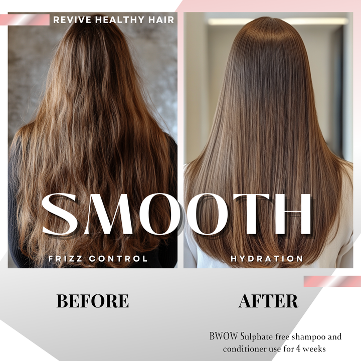 Before and after hair comparison showing frizzy, wavy brown hair on the left and smooth, hydrated straight hair on the right, with text reading &
