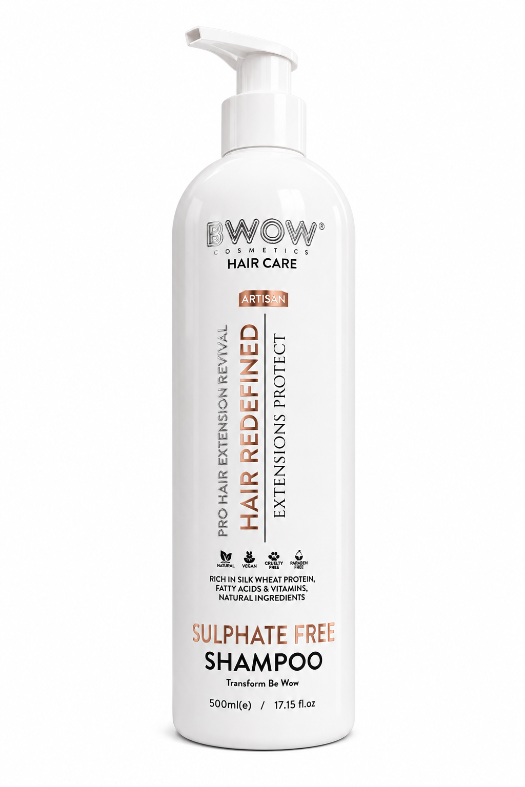 A 500ml white pump bottle of BWOW Hair Care Sulphate Free Shampoo, featuring a clean white background and clear product labeling.