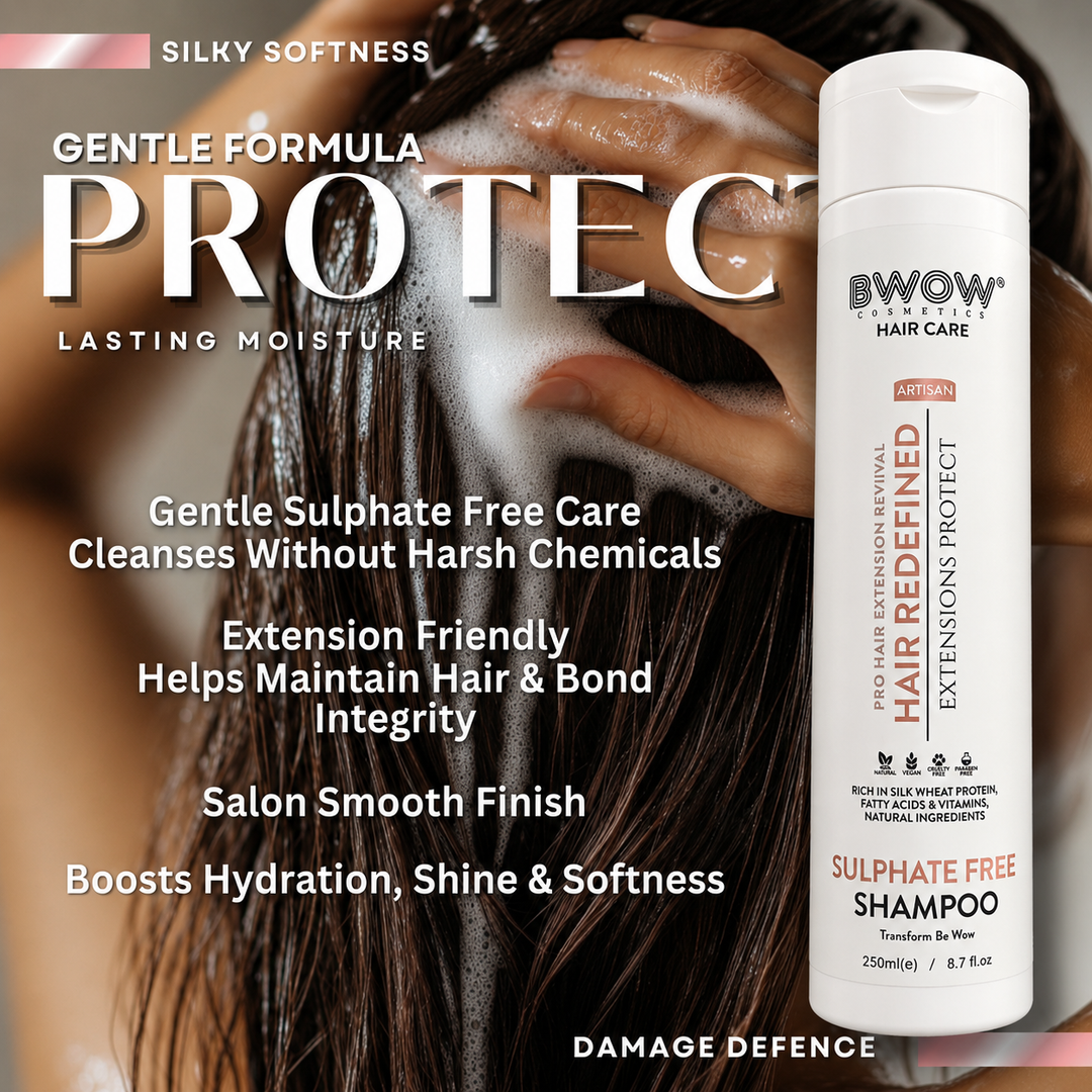 A bottle of BWOW Hair Care Sulphate Free Shampoo shown on the right against a promotional hair care background with a person&