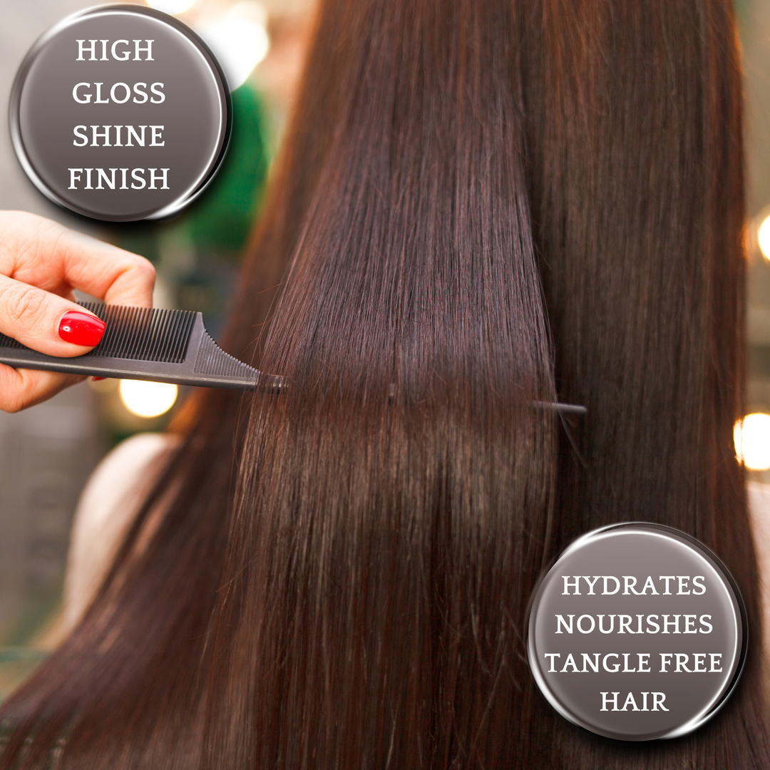 Close-up of a hand combing straight, shiny hair with text highlighting benefits like high gloss, shine finish, hydration, and tangle-free hair.