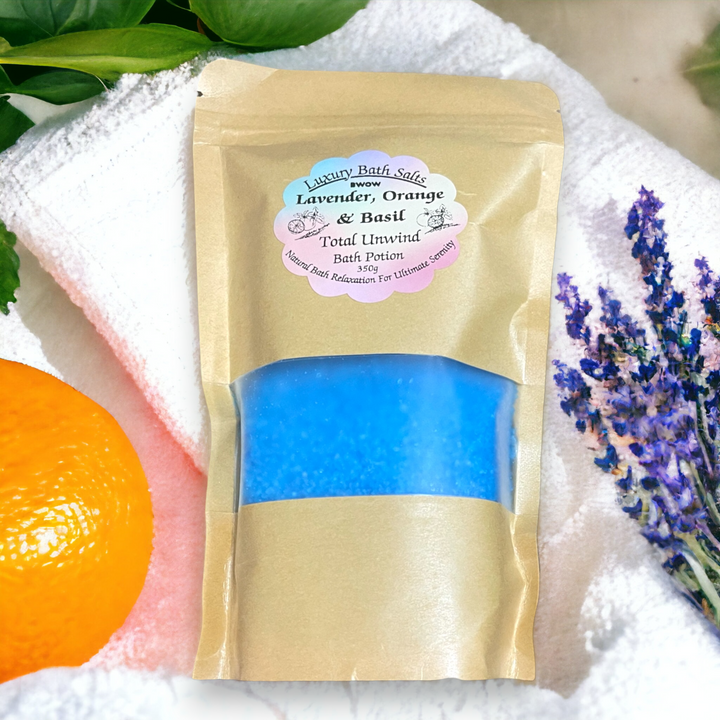 Natural Luxury Bath Salt for Total Unwind: Lavender, Orange & Basil Infused Aromatherapy Potion for Deep Body Relaxation