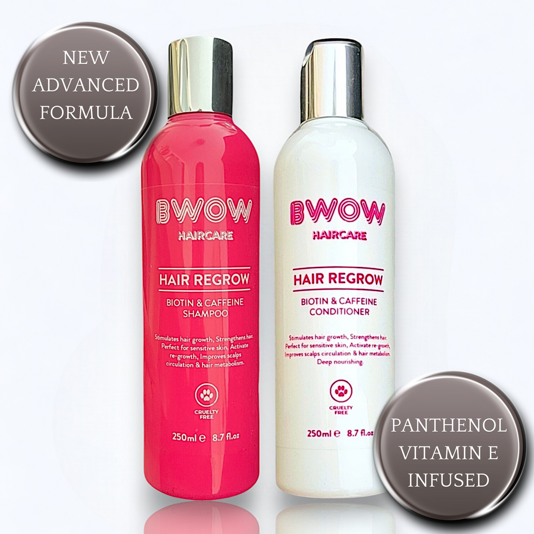 Two bottles of BWOW Hair Regrow products: a pink Biotin & Caffeine Shampoo and a white Biotin & Caffeine Conditioner, both with silver caps, promoting a new advanced formula with panthenol and vitamin E.