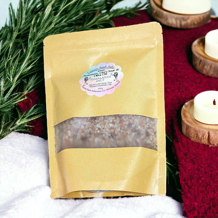 Premium Luxury Relaxation Bath Salts - Rich Mineral Himalayan Salt, Rosemary, Clary Sage & Olive Oil with Essential Oils 500g