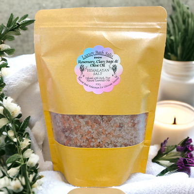 Premium Luxury Relaxation Bath Salts - Rich Mineral Himalayan Salt, Rosemary, Clary Sage & Olive Oil with Essential Oils 500g