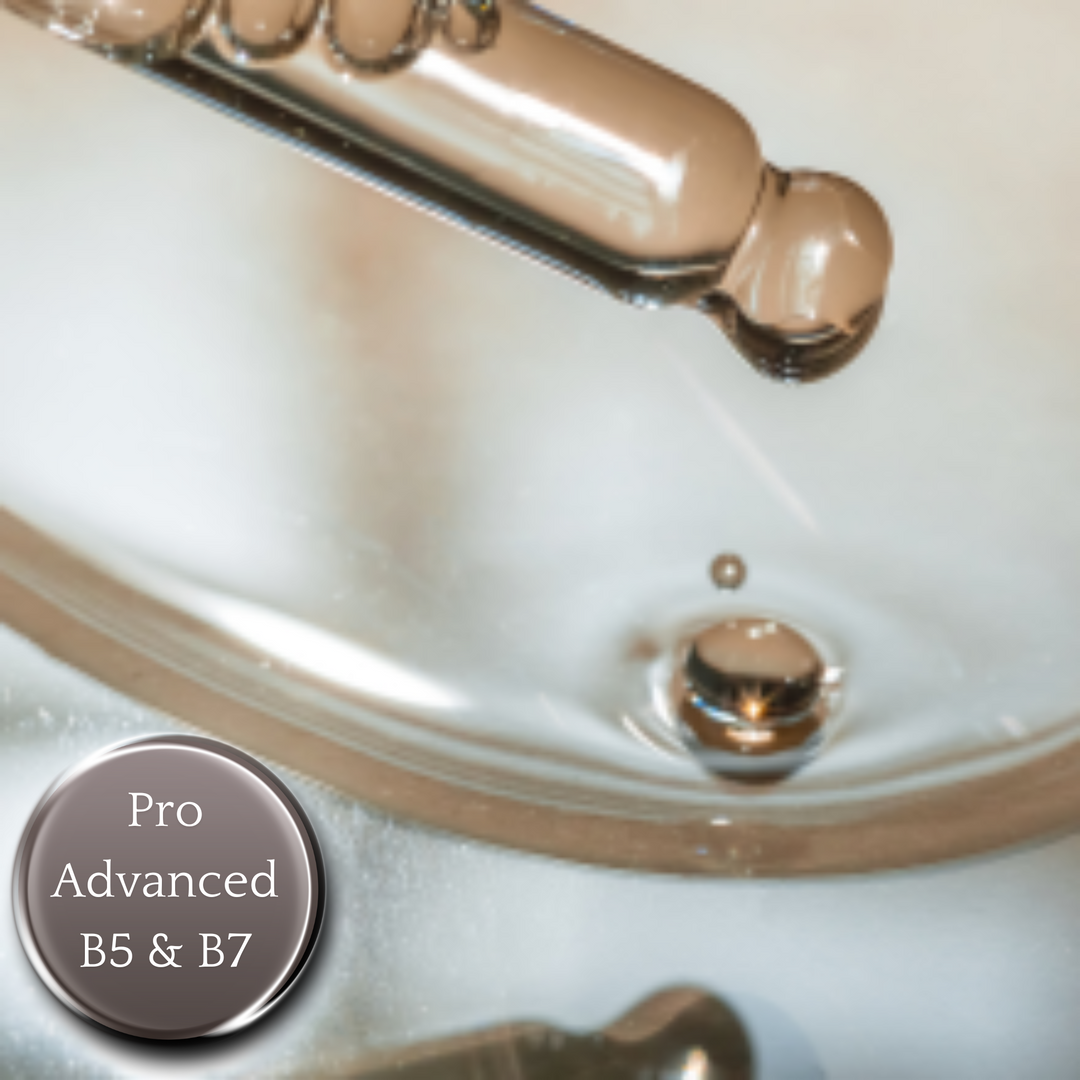 Close-up of a glass dropper dispensing a clear liquid, with the text "Pro Advanced B5 & B7" overlaid.