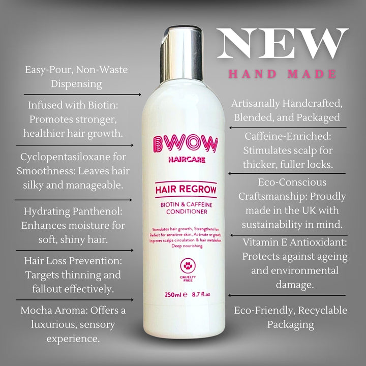 Bottle of BWOW Hair Regrow Biotin & Caffeine Conditioner with highlighted benefits such as promoting hair growth, smoothness, moisture, and eco-friendly packaging.