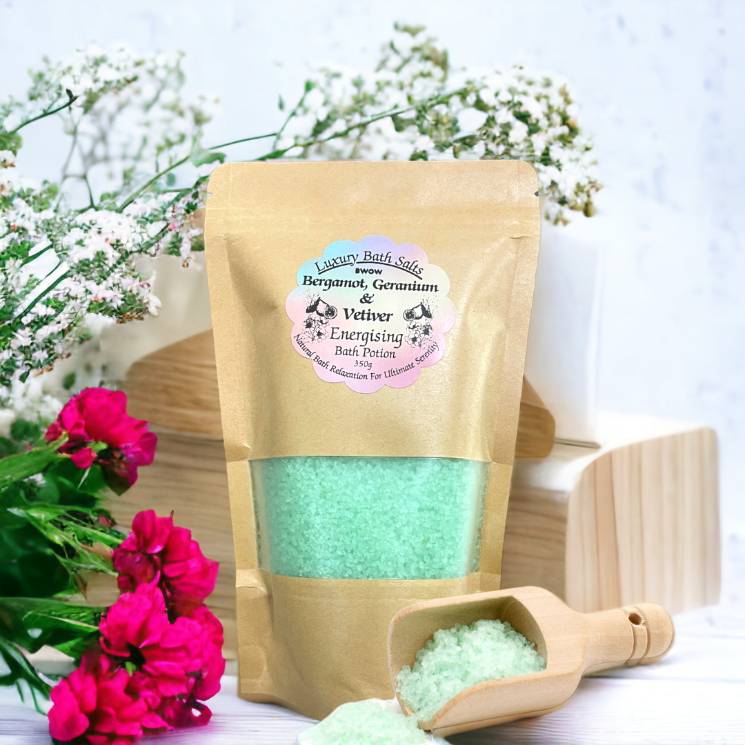 Natural Luxury Bath Salt for Complete Energising: Bergamot, Geranium and Vetiver Infused Aromatherapy Potion for a Deep Body Relaxation