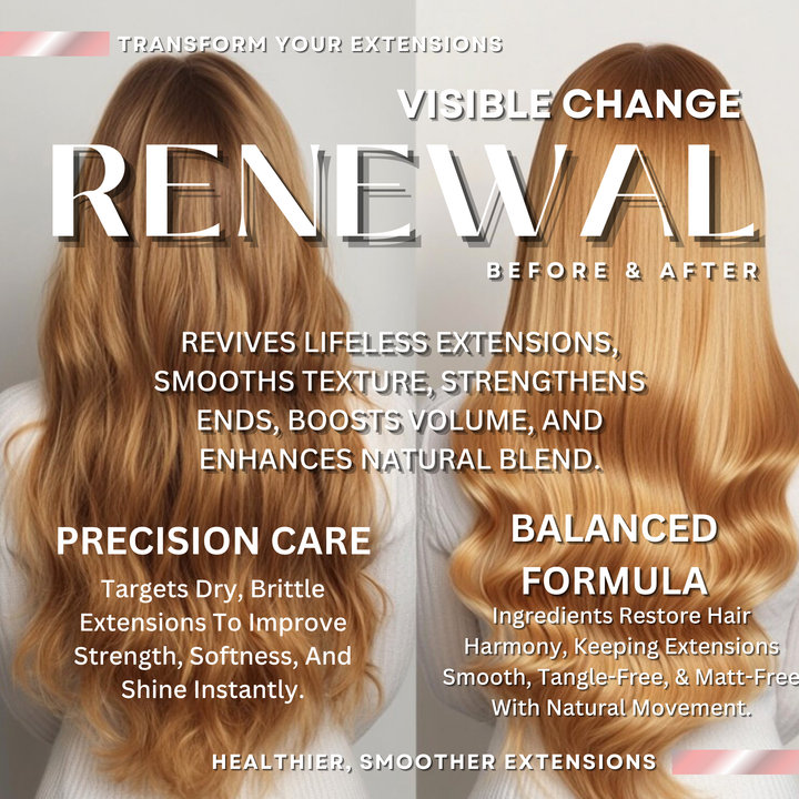 Before and after hair extension treatment comparison graphic for Visible Change Renewal, showing two blonde hair extensions with different textures and lengths, with promotional text overlays.