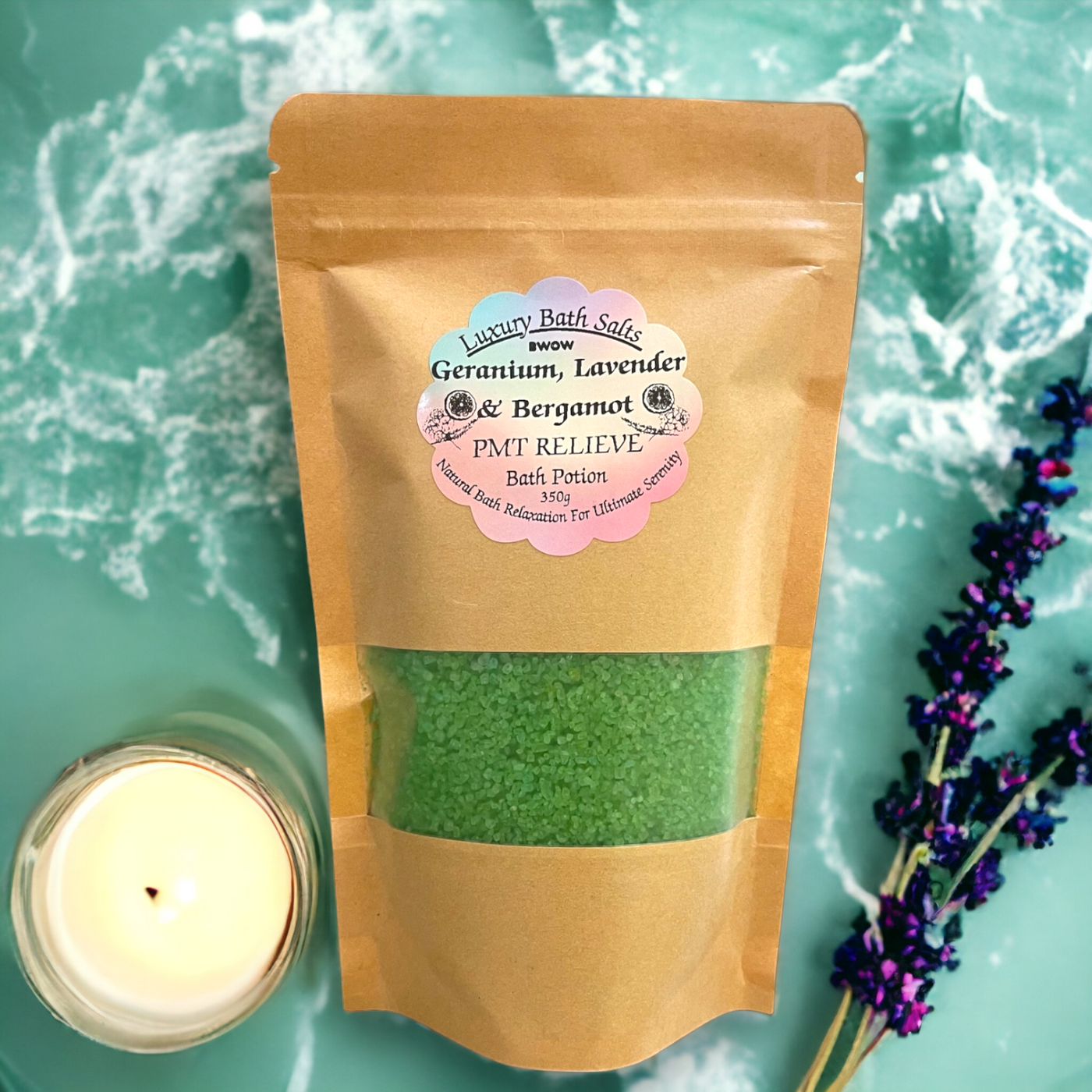 Natural Luxury Bath Salt for PMT Relief: Geranium, Lavender and Bergamot Infused Aromatherapy Potion for a Deep Body Relaxation