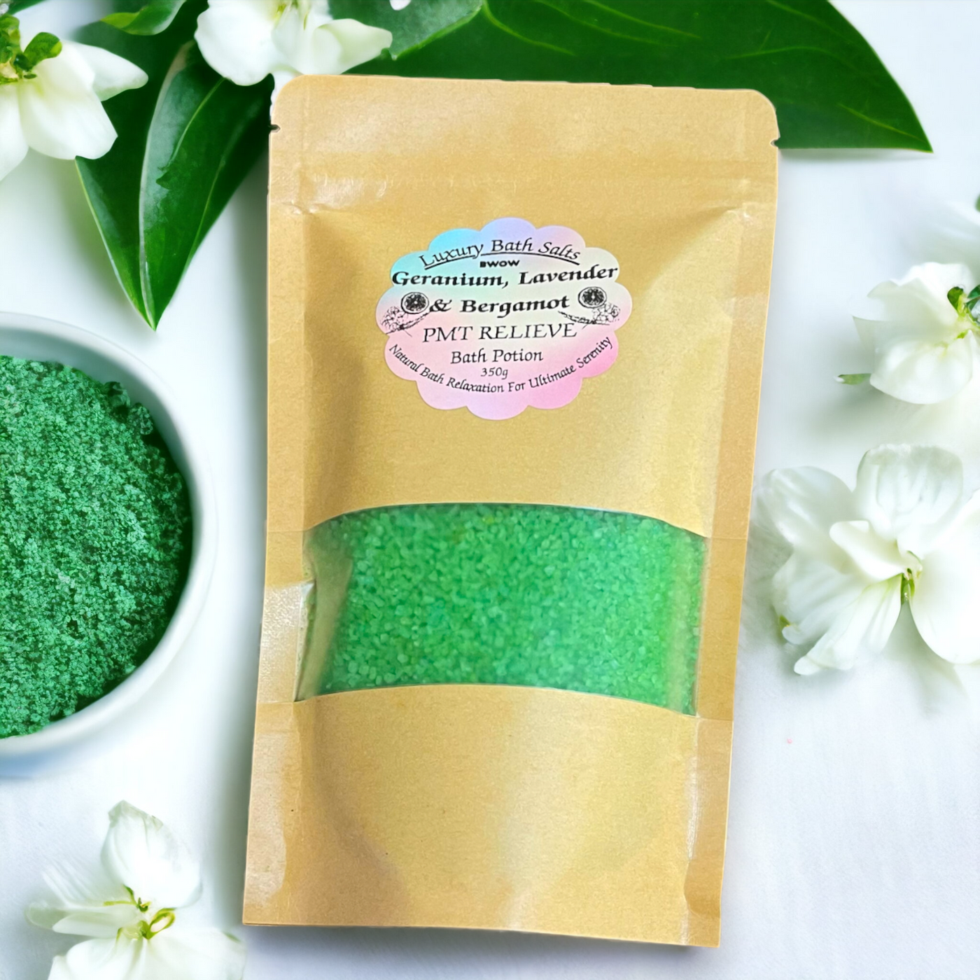 Natural Luxury Bath Salt for PMT Relief: Geranium, Lavender and Bergamot Infused Aromatherapy Potion for a Deep Body Relaxation