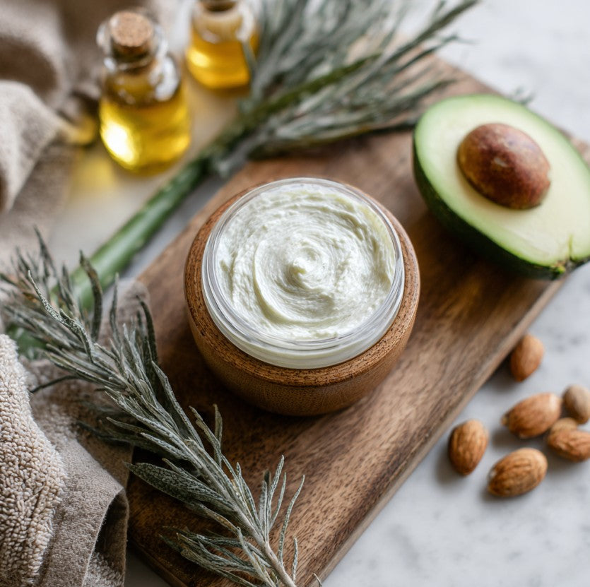 Jar of face mask cream on a wooden board with avocado, nuts, and bottles in the background