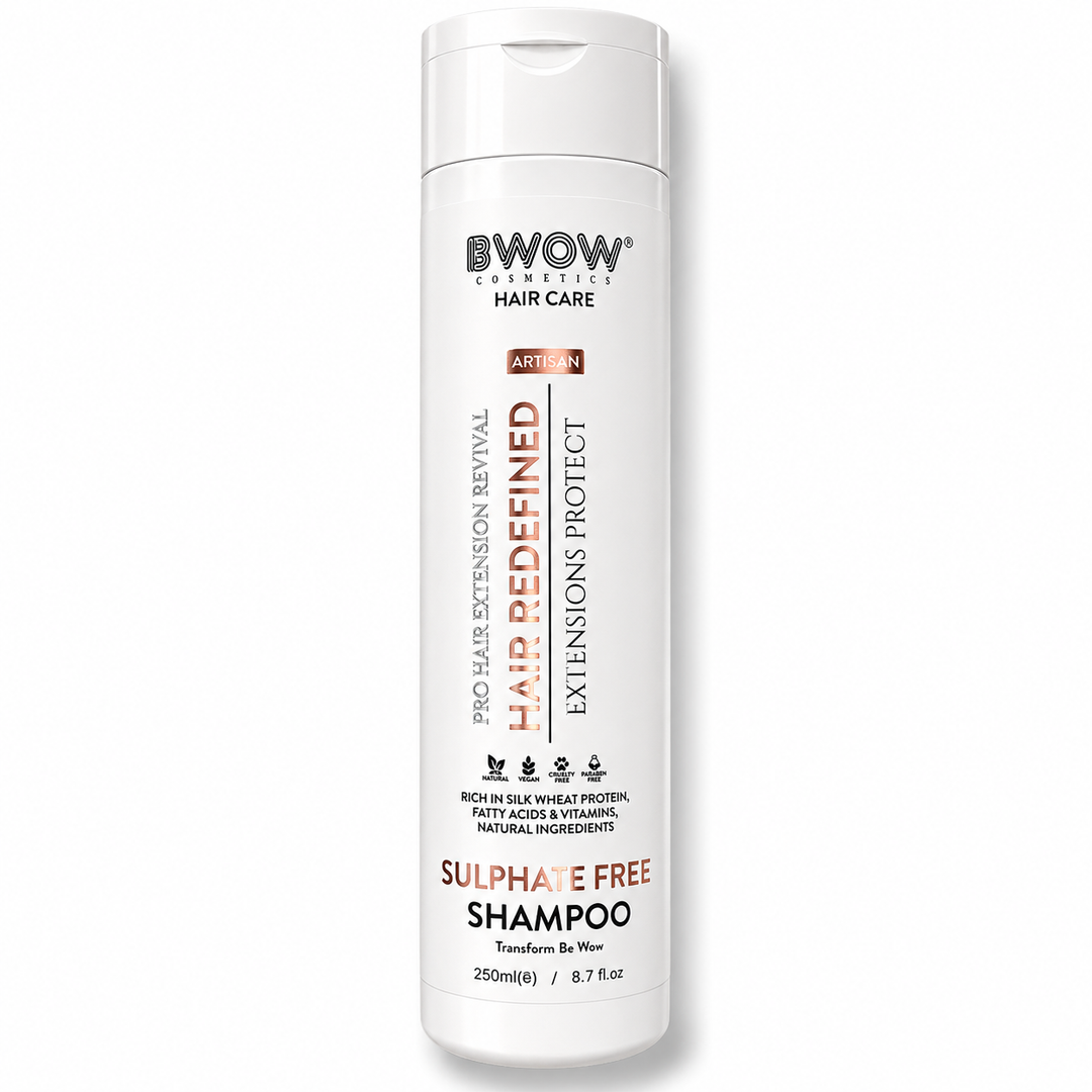 A white bottle of BWOW Organics Hair Care Hair Redeﬁned Extensions Protect Shampoo, featuring a white cap and a clean white bottle with black and orange text, set against a plain white background.
