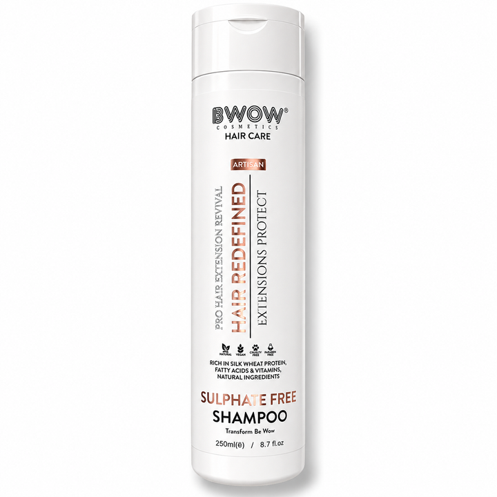 A white bottle of BWOW Organics Hair Care Hair Redeﬁned Extensions Protect Shampoo, featuring a white cap and a clean white bottle with black and orange text, set against a plain white background.