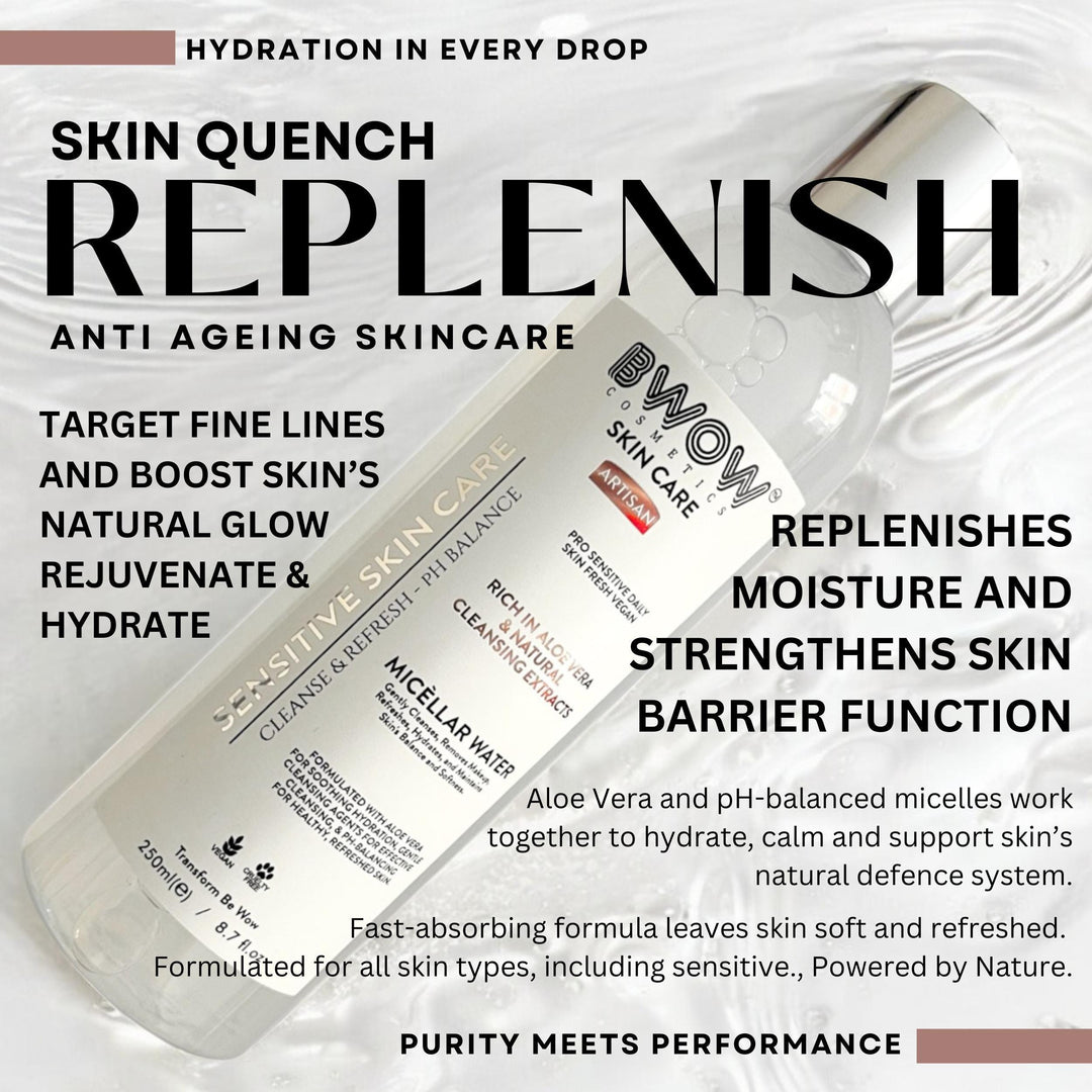 Pro Sensitive Micellar Water Cleansing Enriched Aloe Vera Natural Extracts to Cleanse, Refresh &amp; Balance Vegan Daily Skin Care 250ml - BWOW Cosmetics