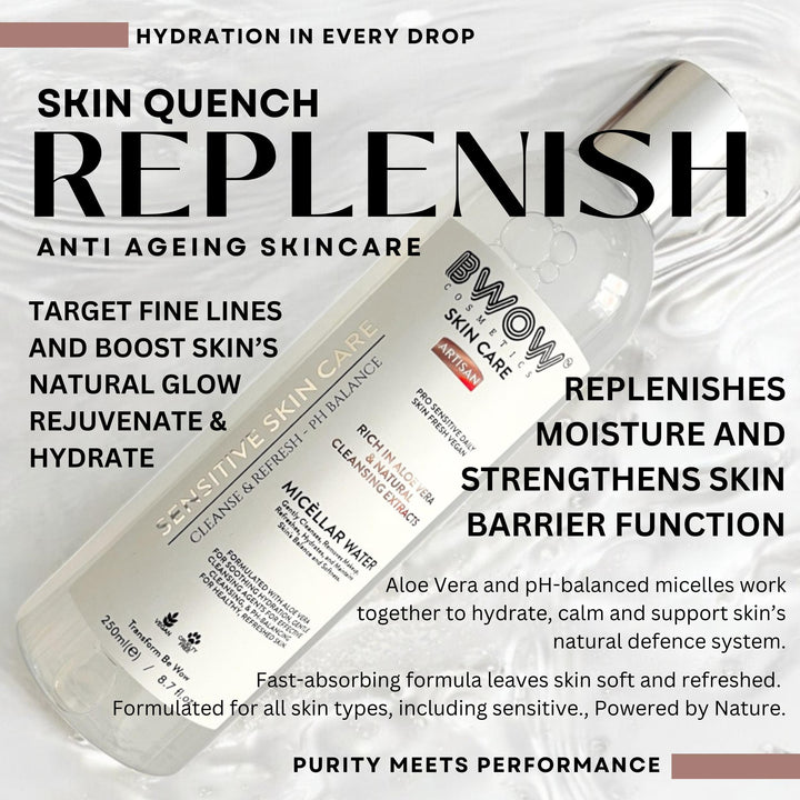 Pro Sensitive Micellar Water Cleansing Enriched Aloe Vera Natural Extracts to Cleanse, Refresh &amp; Balance Vegan Daily Skin Care 250ml - BWOW Cosmetics