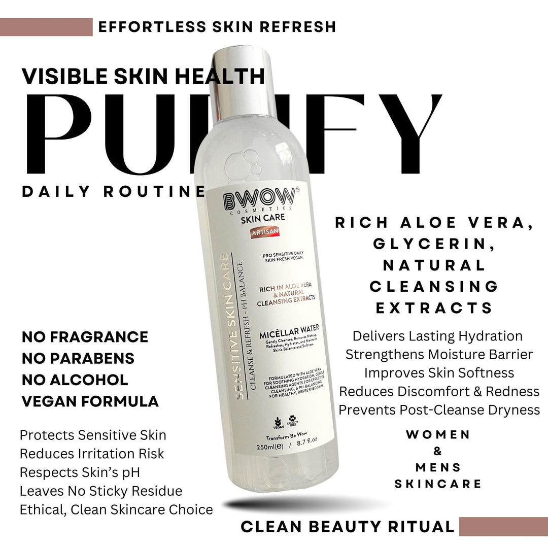 Pro Sensitive Micellar Water Cleansing Enriched Aloe Vera Natural Extracts to Cleanse, Refresh &amp; Balance Vegan Daily Skin Care 250ml - BWOW Cosmetics