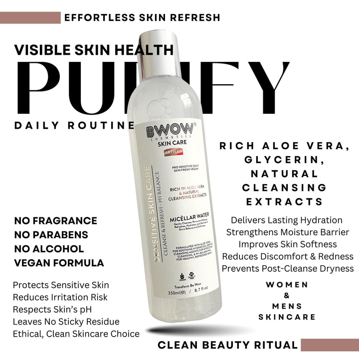 Pro Sensitive Micellar Water Cleansing Enriched Aloe Vera Natural Extracts to Cleanse, Refresh &amp; Balance Vegan Daily Skin Care 250ml - BWOW Cosmetics
