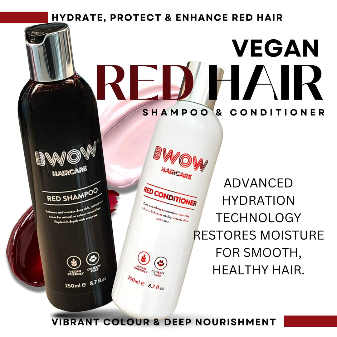 250ml red shampoo and conditioner bottles styled with eco-friendly packaging