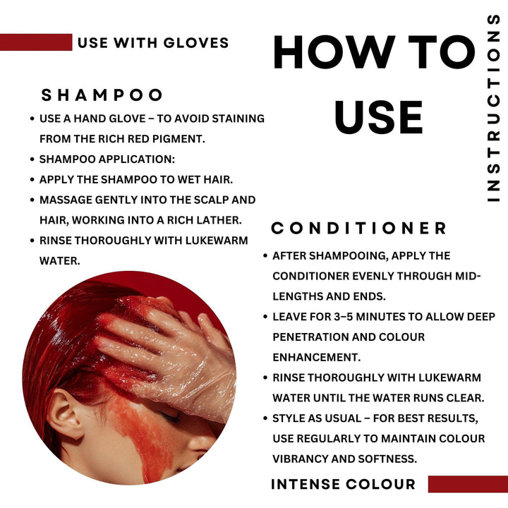 Hands wearing salon gloves applying red pigmented shampoo