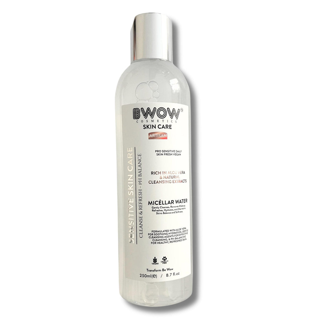 Pro Sensitive Micellar Water Cleansing Enriched Aloe Vera Natural Extracts to Cleanse, Refresh & Balance Vegan Daily Skin Care 250ml - BWOW Cosmetics
