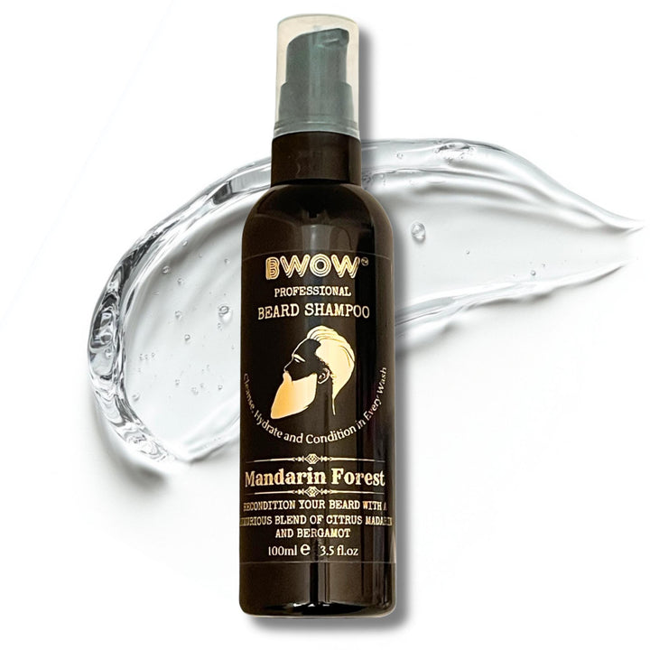 Vegan beard wash bottle with Mandarin Forest label