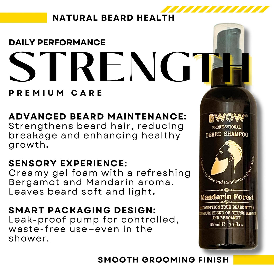 Close-up of Mandarin Forest beard wash bottle