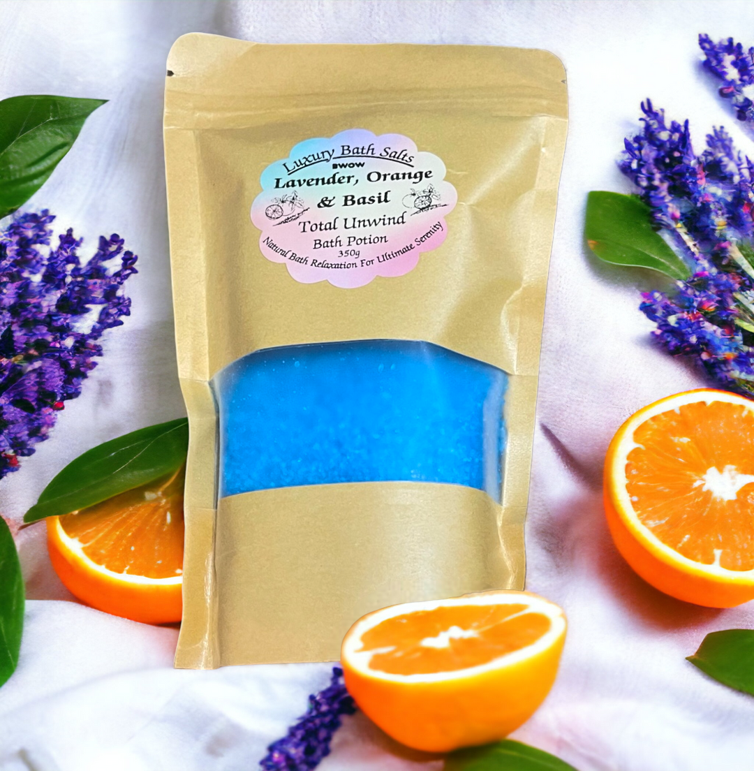 Natural Luxury Bath Salt for Total Unwind: Lavender, Orange & Basil Infused Aromatherapy Potion for Deep Body Relaxation